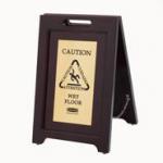View: 1867507 Executive Multi-Lingual Wooden Caution Sign, 2-Sided, Brass 