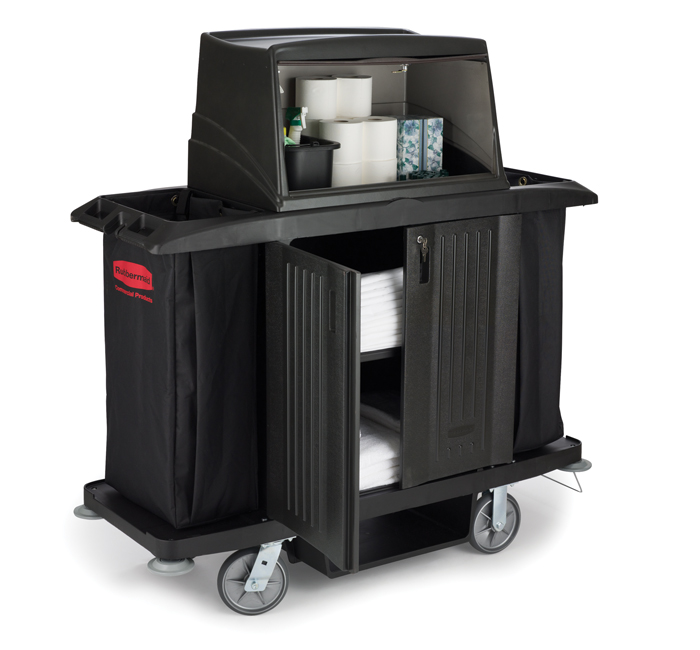 Rubbermaid 9T19 Full Size Housekeeping Cart with Doors, Vinyl Bag, Bumpers,  Vacuum Holder, Under Deck Shelf and Hood